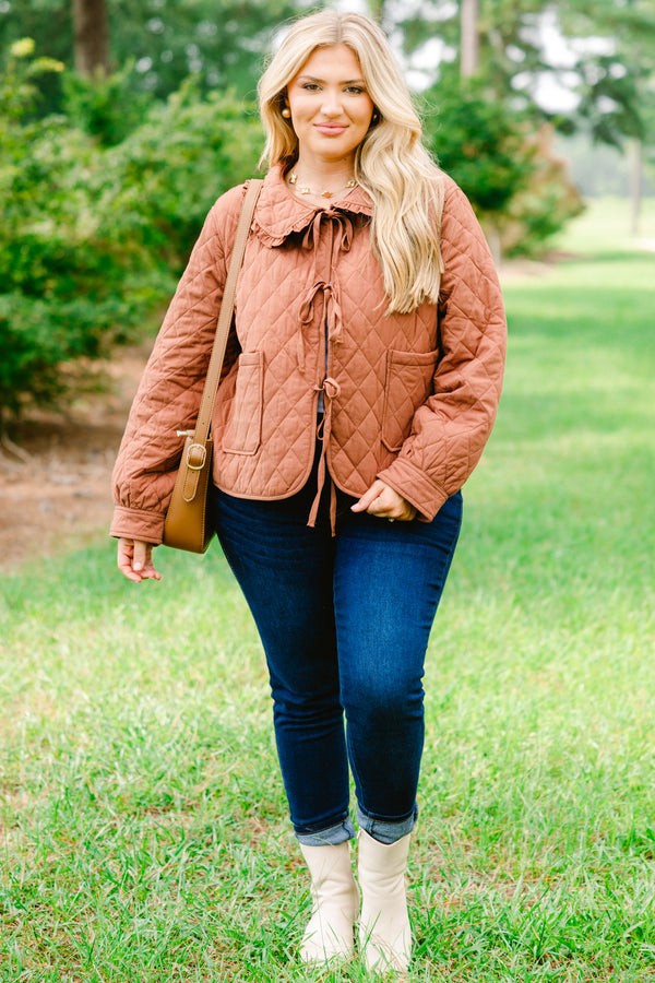 Chic Soul plus size clothing, brown quilted tie front jacket with ruffle collar and large front lower pockets