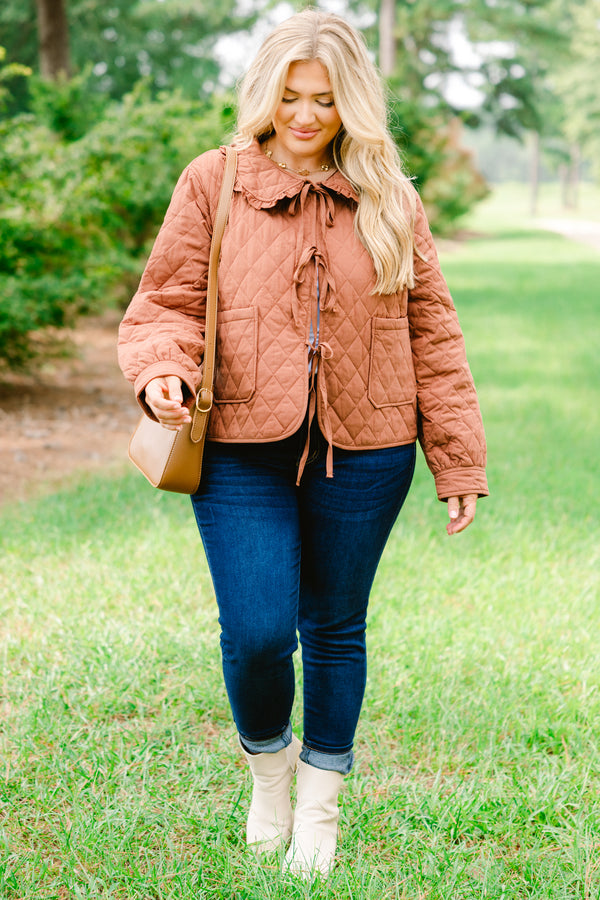 Chic Soul plus size clothing, brown quilted tie front jacket with ruffle collar and large front lower pockets