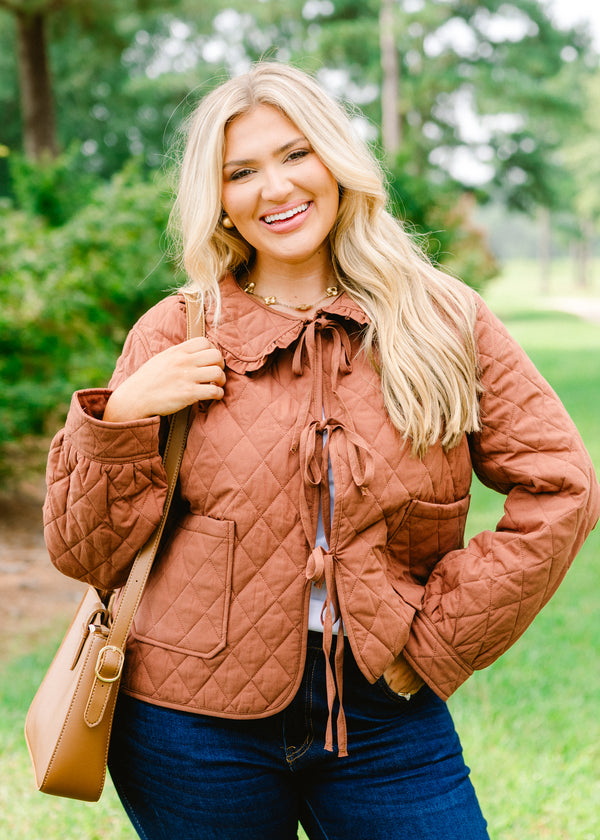 Chic Soul plus size clothing, brown quilted tie front jacket with ruffle collar and large front lower pockets