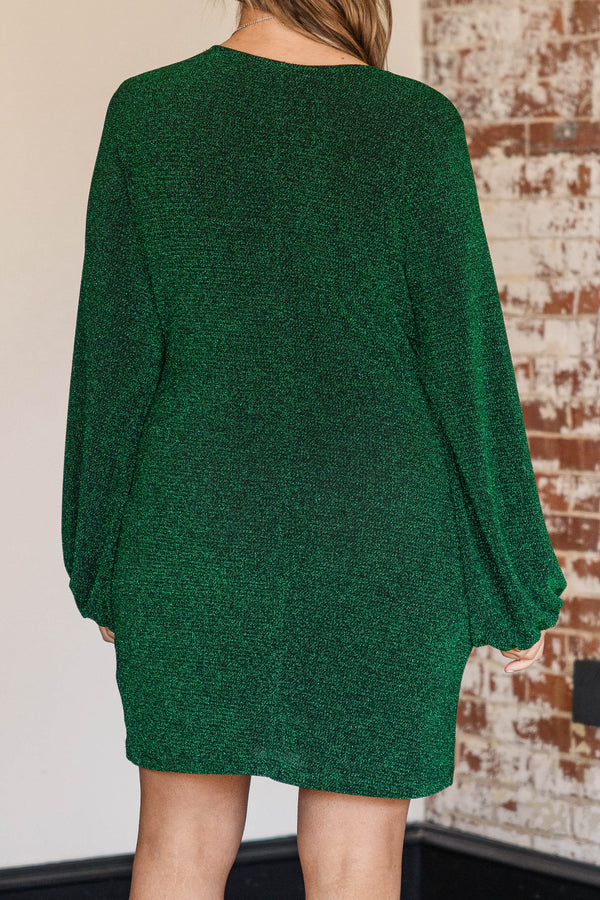 Chic Soul plus size clothing, green colored shimmery sparkle fitted mini dress with v neckline and long puff sleeves