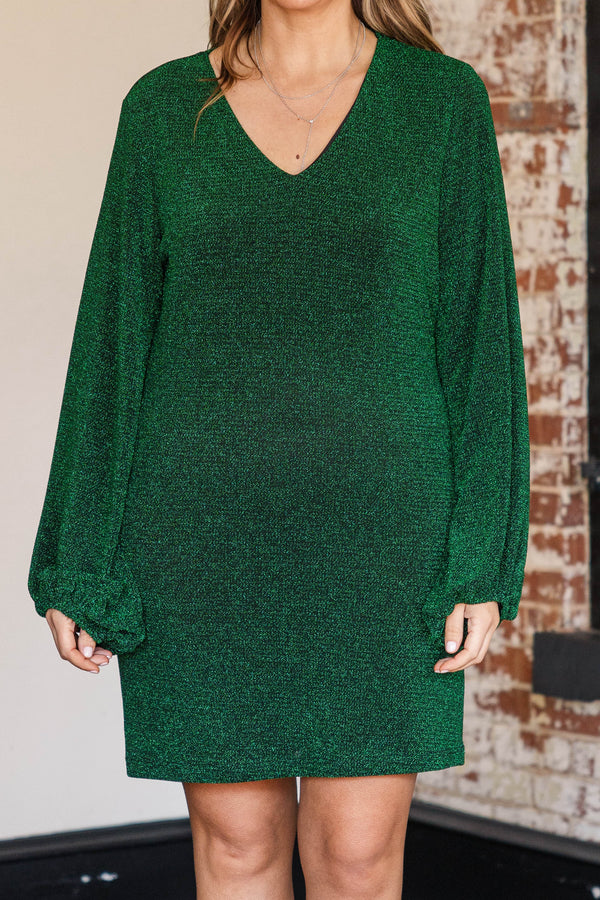 Chic Soul plus size clothing, green colored shimmery sparkle fitted mini dress with v neckline and long puff sleeves