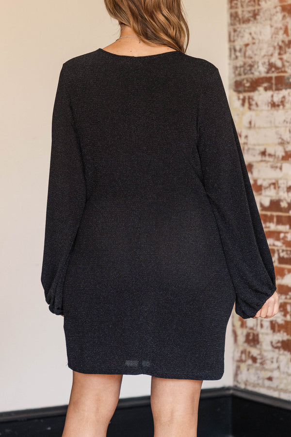 Chic Soul plus size clothing, black shimmery long bubble sleeve dress with a v neckline