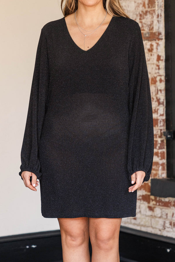 Chic Soul plus size clothing, black shimmery long bubble sleeve dress with a v neckline