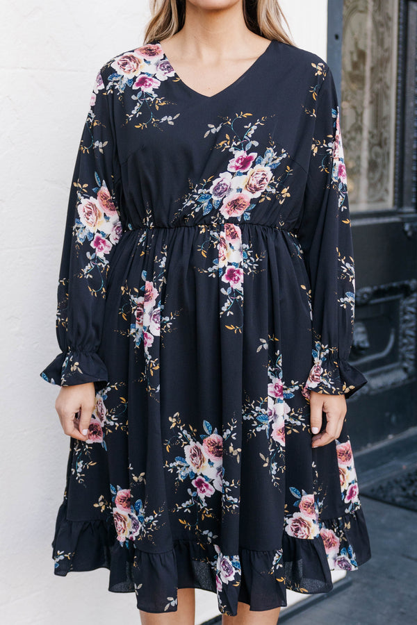 Chic Soul plus size clothing, black colored long sleeve midi dress with floral detailing and a slight v neckline