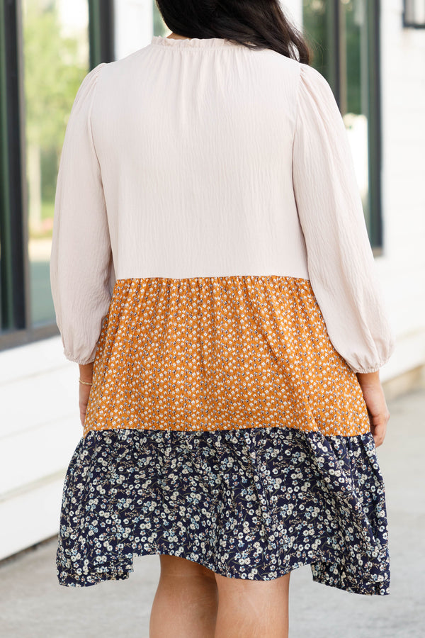 Chic Soul plus size clothing, taupe and patterned flowy ruffle dress with floral prints