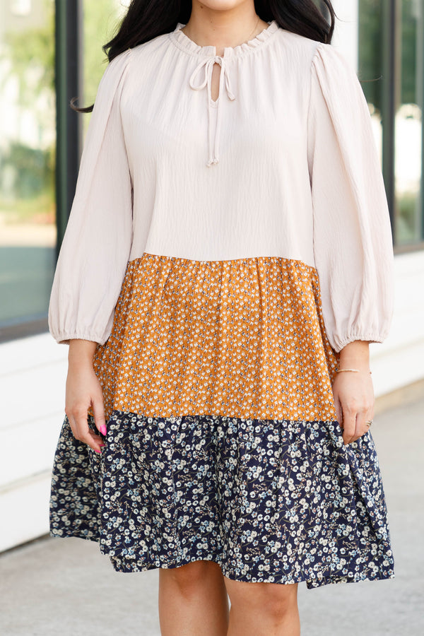 Chic Soul plus size clothing, taupe and patterned flowy ruffle dress with floral prints