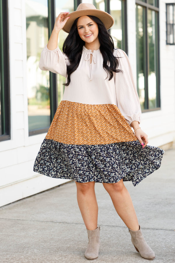 Chic Soul plus size clothing, taupe and patterned flowy ruffle dress with floral prints
