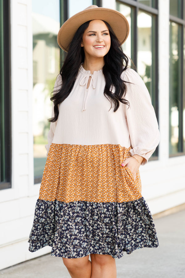 Chic Soul plus size clothing, taupe and patterned flowy ruffle dress with floral prints