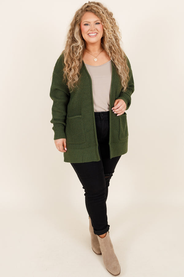 Chic Soul plus size clothing, army green knitted cardigan with pockets