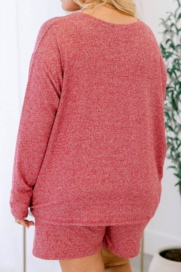 Chic Soul plus size clothing, dark red speckled long sleeve top and short set