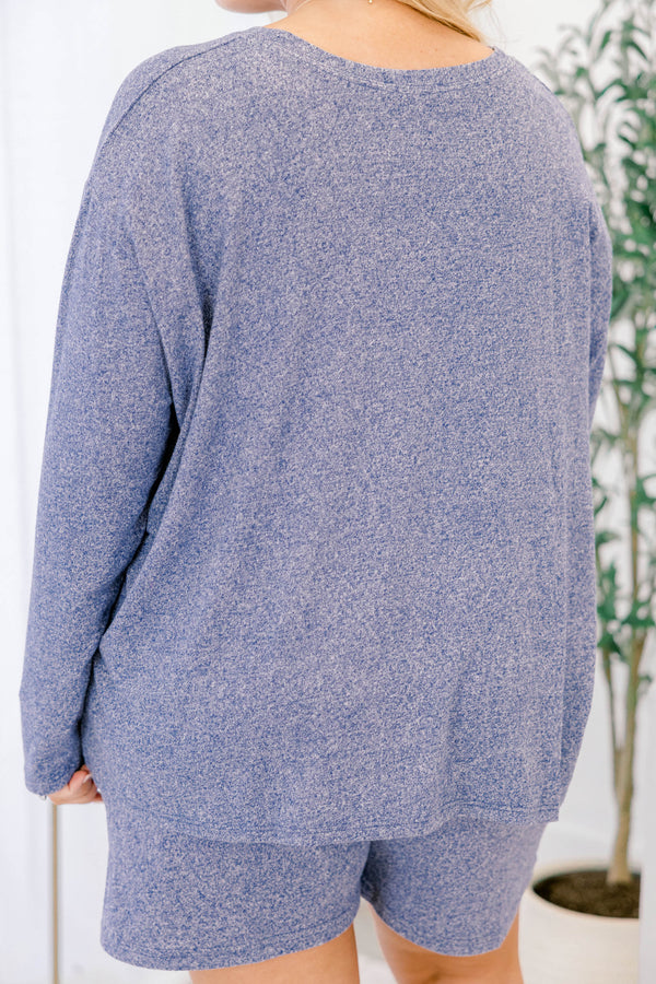 Chic Soul plus size clothing, light navy speckled long sleeve top and short set