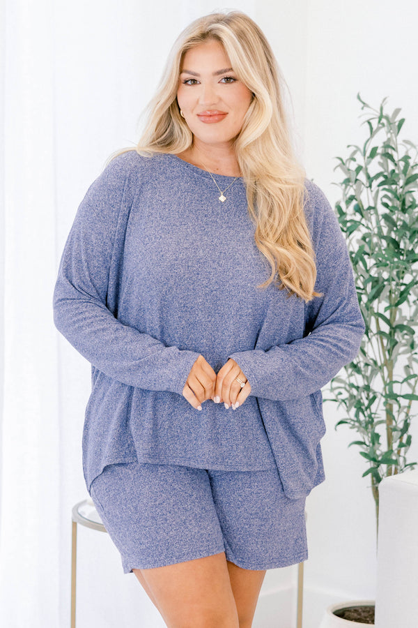 Chic Soul plus size clothing, light navy speckled long sleeve top and short set