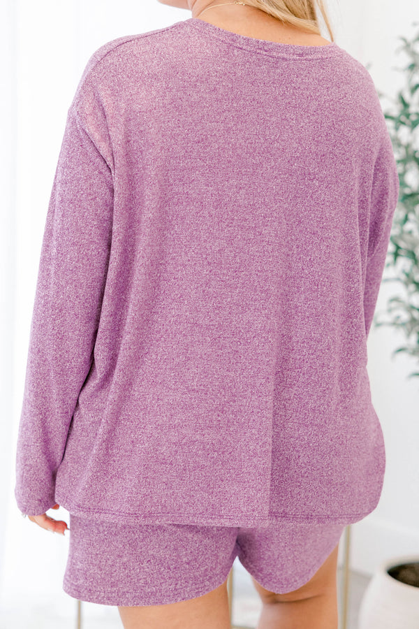 Chic Soul plus size clothing, light plum speckled long sleeve top and short set