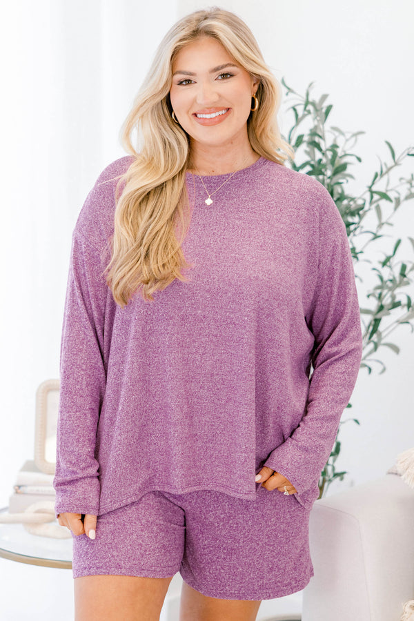 Chic Soul plus size clothing, light plum speckled long sleeve top and short set