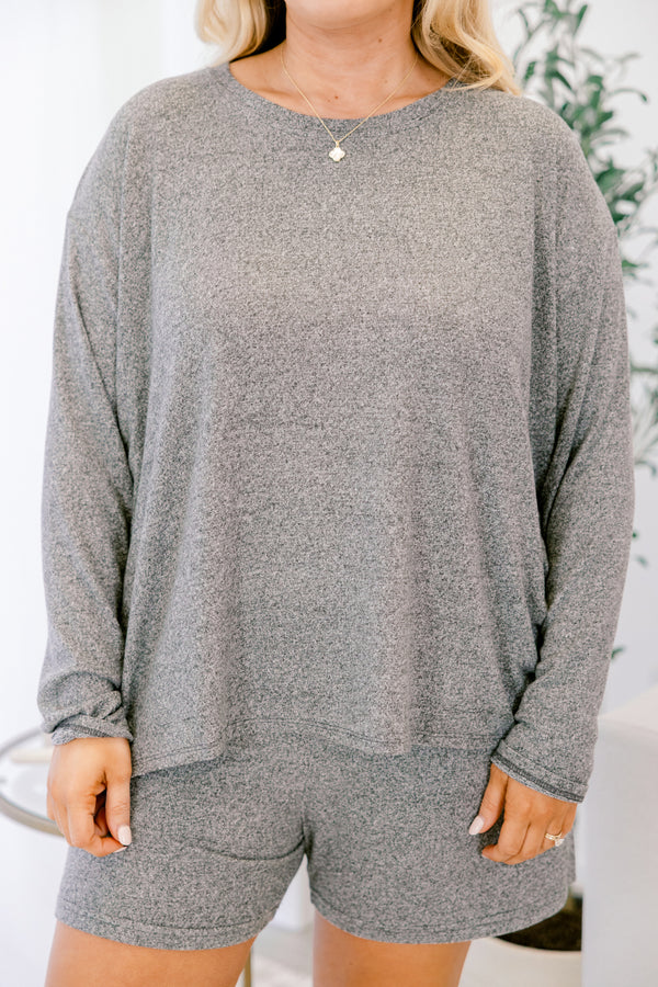 Chic Soul plus size clothing, heather gray speckled long sleeve top and short set