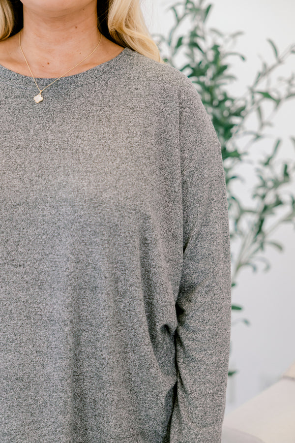 Chic Soul plus size clothing, heather gray speckled long sleeve top and short set