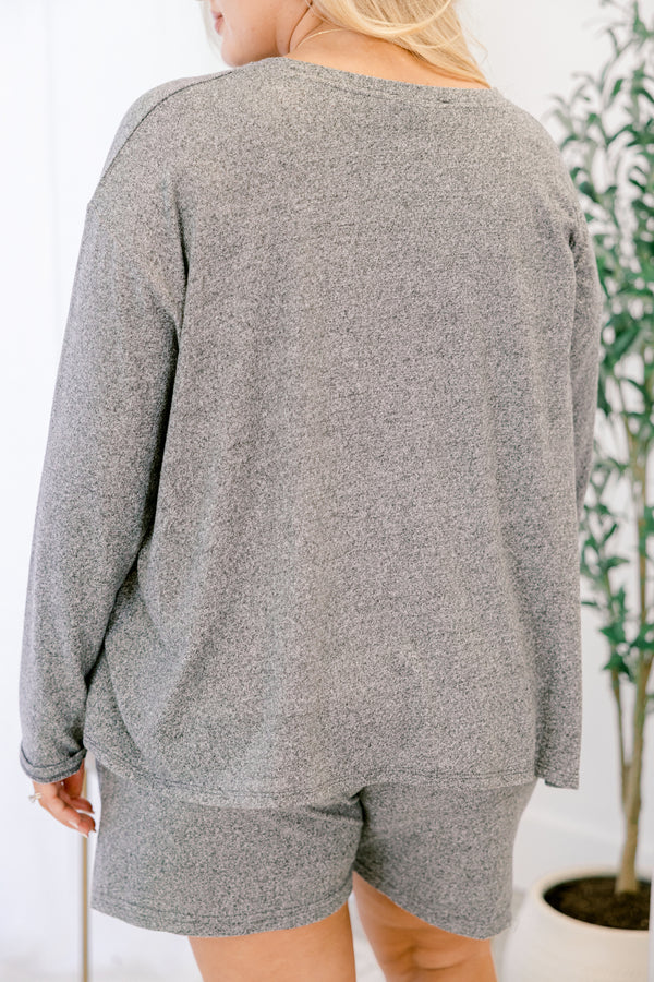 Chic Soul plus size clothing, heather gray speckled long sleeve top and short set