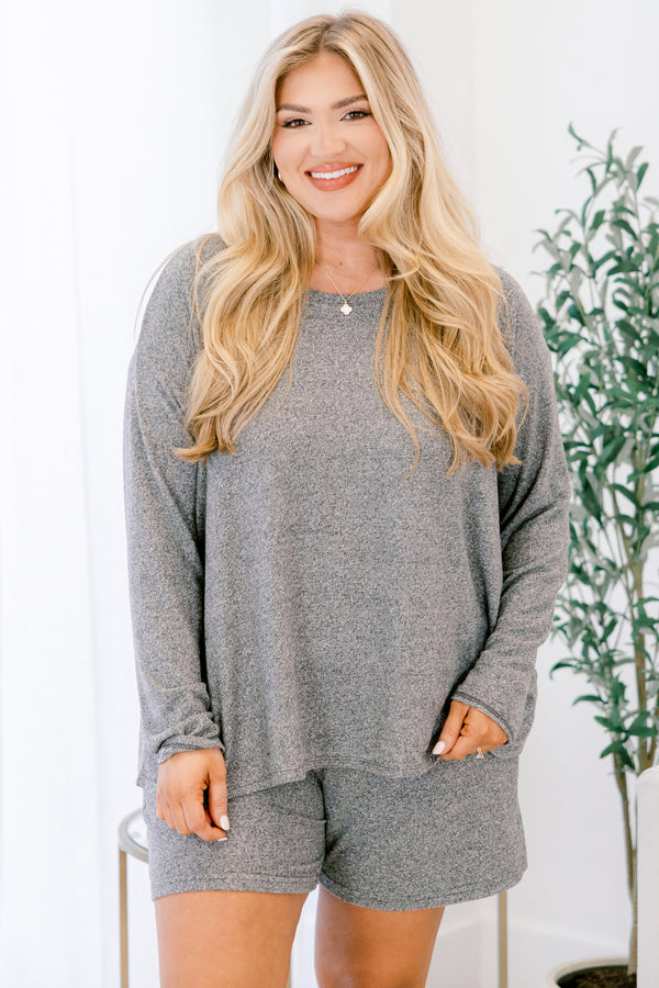 Chic Soul plus size clothing, heather gray speckled long sleeve top and short set