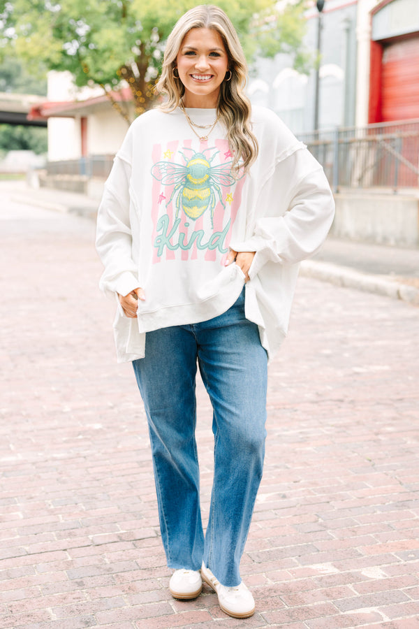Plus Size ivory crew neck sweatshirt with a colorful bee graphic and 