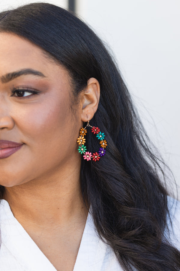 Chic Soul plus size clothing, multi colored floral tear drop hoop earrings