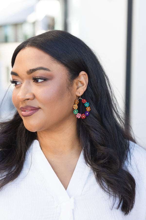 Chic Soul plus size clothing, multi colored floral tear drop hoop earrings