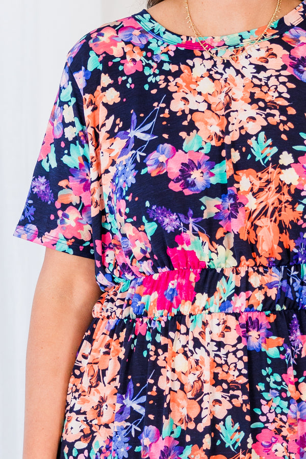 Chic Soul plus size clothing, navy multi printed midi dress with short sleeves and synched waist