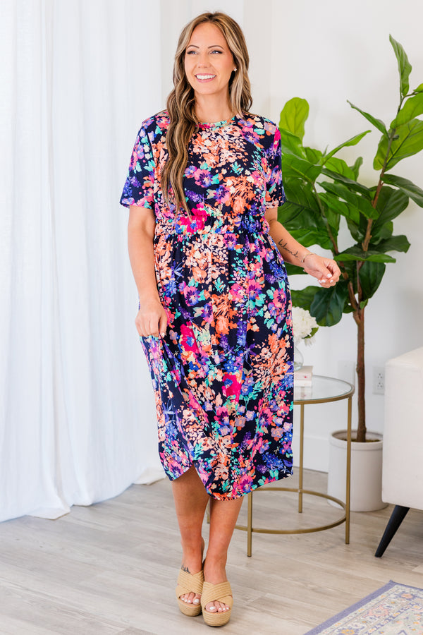 Chic Soul plus size clothing, navy multi printed midi dress with short sleeves and synched waist