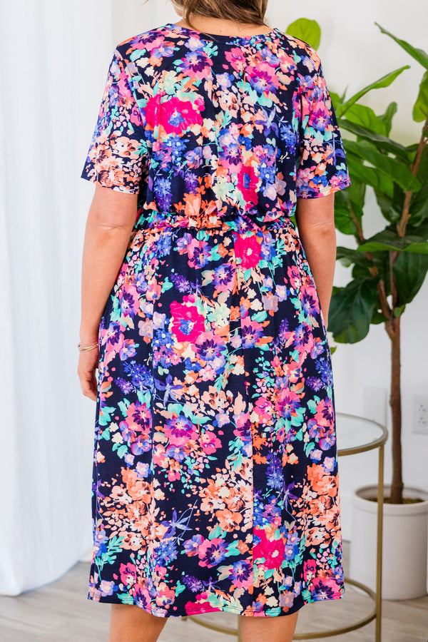 Chic Soul plus size clothing, navy multi printed midi dress with short sleeves and synched waist