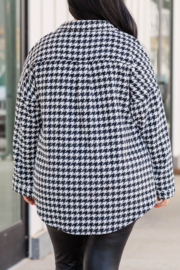 Chic Soul plus size clothing, black houndstooth pattern shacket with front pockets