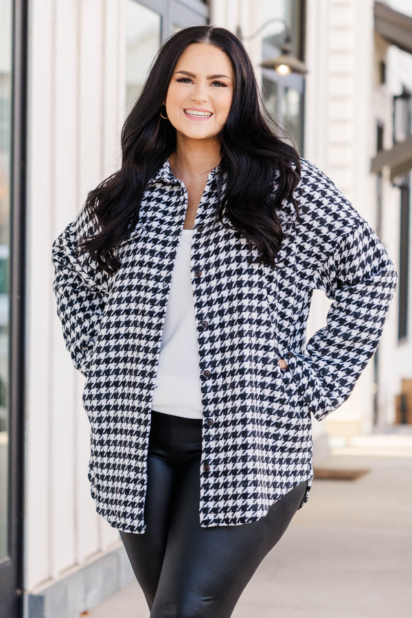 Chic Soul plus size clothing, black houndstooth pattern shacket with front pockets