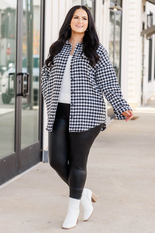 Chic Soul plus size clothing, black houndstooth pattern shacket with front pockets
