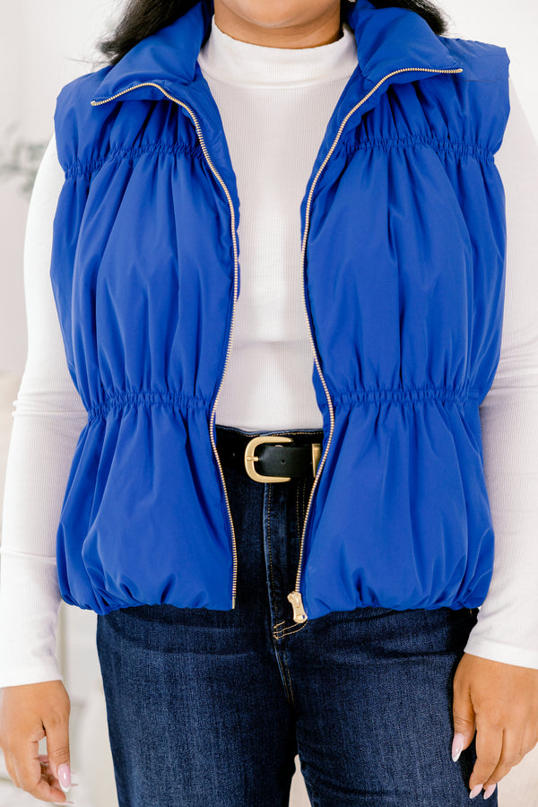 Chic Soul plus size clothing, blue vest with a silver zipper, collar and a cinched detail around the waist 