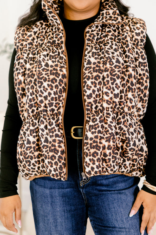 Chic Soul plus size clothing, leopard vest with a silver zipper, collar and a cinched detail around the waist