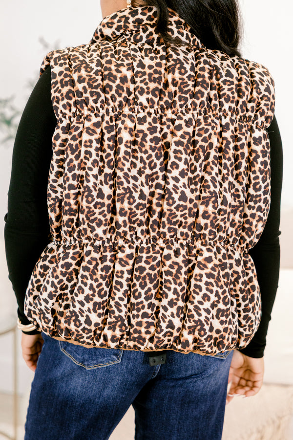 Chic Soul plus size clothing, leopard vest with a silver zipper, collar and a cinched detail around the waist