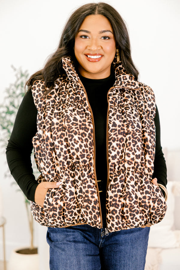 Chic Soul plus size clothing, leopard vest with a silver zipper, collar and a cinched detail around the waist