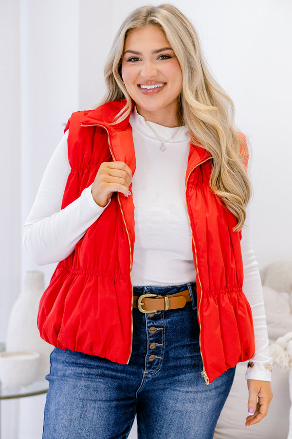 Chic Soul plus size clothing, red slightly cropped zip up puffer vest