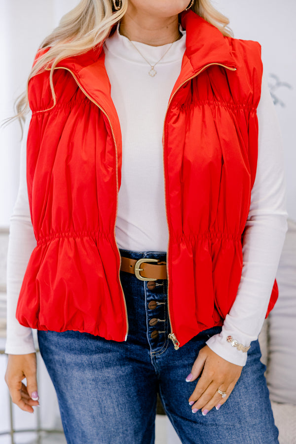 Chic Soul plus size clothing, red slightly cropped zip up puffer vest