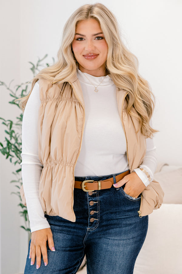 Chic Soul plus size clothing, tan slightly cropped zip up puffer vest with a collar 