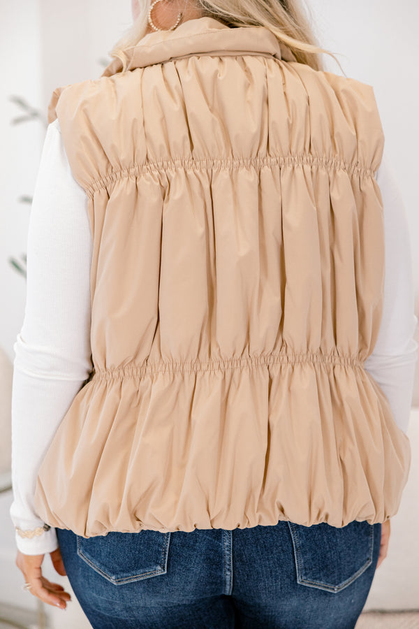 Chic Soul plus size clothing, tan slightly cropped zip up puffer vest with a collar 