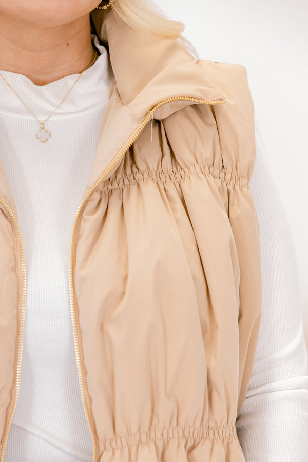 Chic Soul plus size clothing, tan slightly cropped zip up puffer vest with a collar 