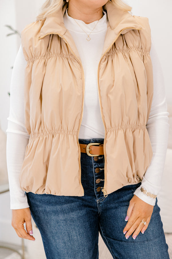 Chic Soul plus size clothing, tan slightly cropped zip up puffer vest with a collar 