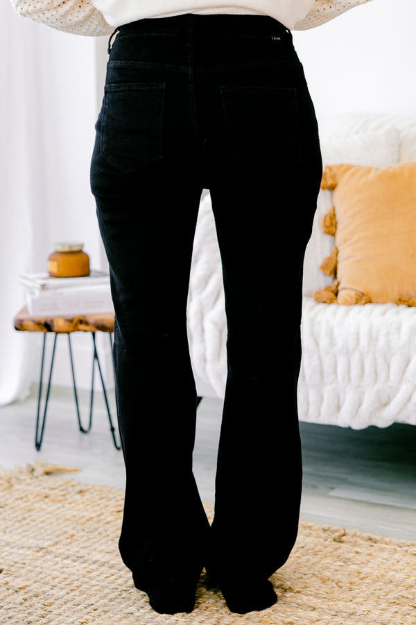 Chic Soul plus size clothing, black flare jeans front pockets and silver button detail on the waistband 