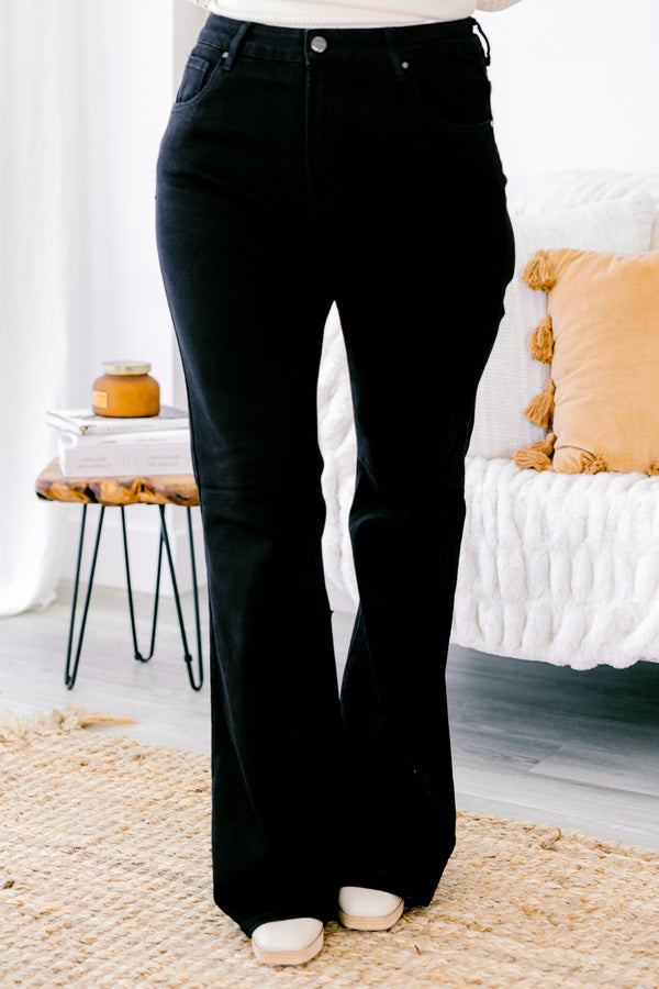 Chic Soul plus size clothing, black flare jeans front pockets and silver button detail on the waistband 