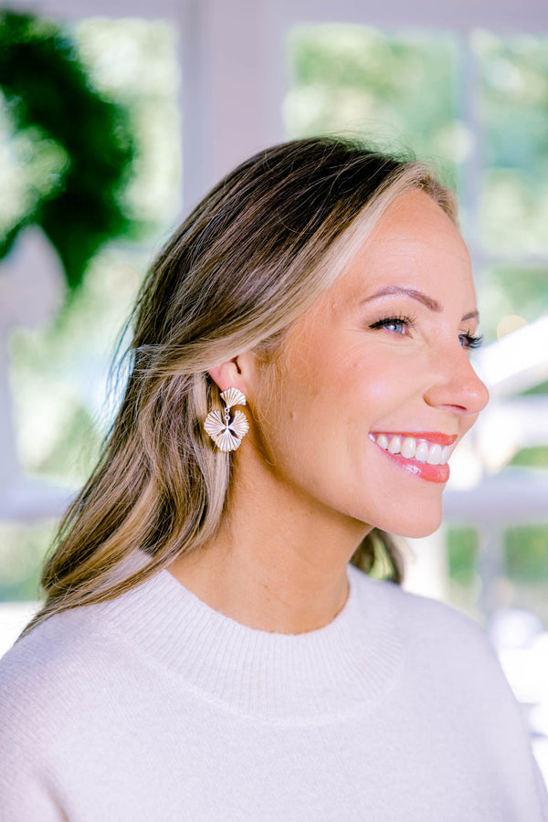 Chic Soul plus size clothing, gold earnings that have four parts that are shaped into a diamond that have a gingko leaf pattern 