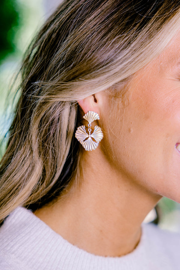 Chic Soul plus size clothing, gold earnings that have four parts that are shaped into a diamond that have a gingko leaf pattern 