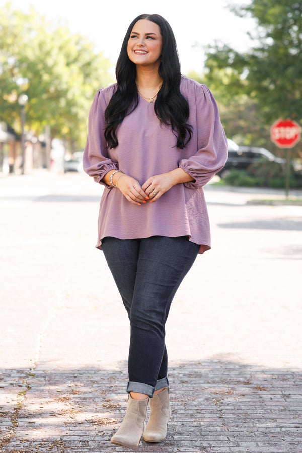 Chic Soul plus size clothing, plum colored blouse with v neck and slight puff sleeve