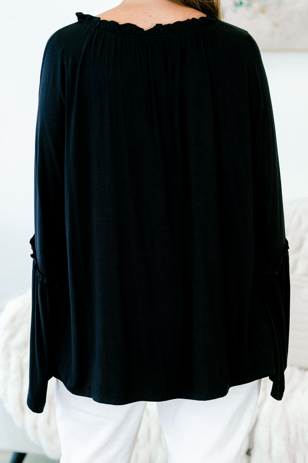 Chic Soul plus size clothing, black long sleeve top with v neckline with tie detail and blare bell sleeves