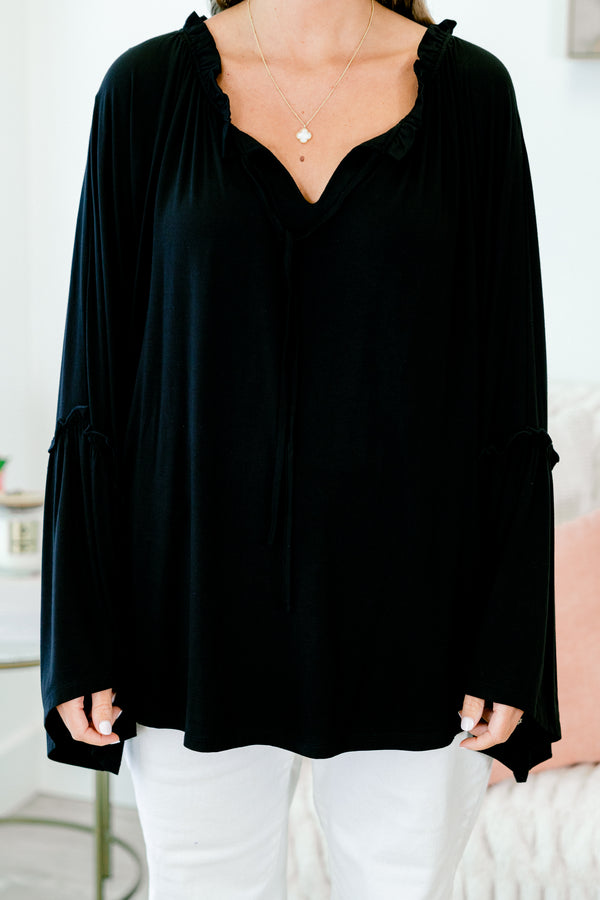 Chic Soul plus size clothing, black long sleeve top with v neckline with tie detail and blare bell sleeves