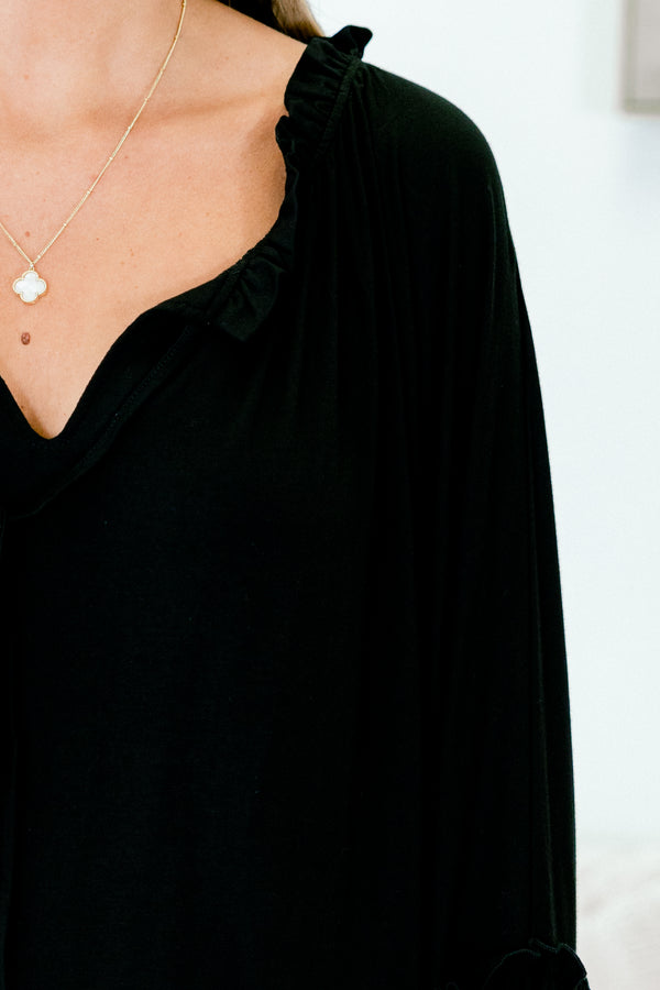 Chic Soul plus size clothing, black long sleeve top with v neckline with tie detail and blare bell sleeves