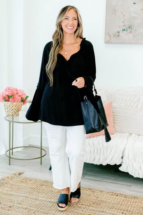 Chic Soul plus size clothing, black long sleeve top with v neckline with tie detail and blare bell sleeves